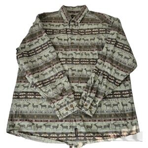 Woolrich Shirt Mens Large Olive‎ Deer Southwest Pattern Long Sleeve Button Down